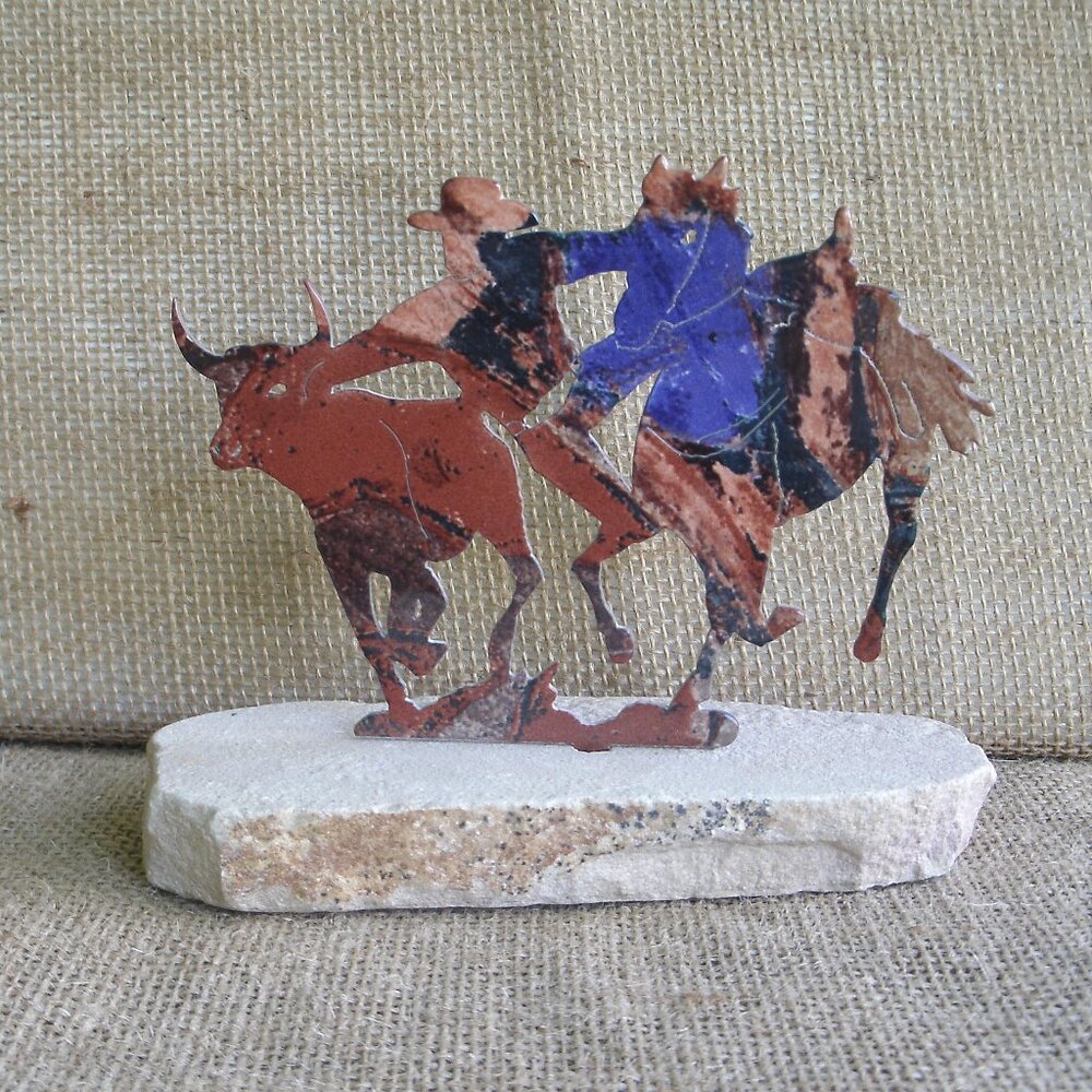 Vintage Lazart Cowboy Bulldogging Steer Figurine Stone Base